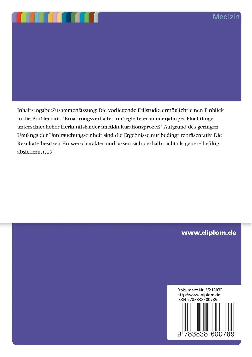 Rückseite: 9783838600789 | Das Ernährungsverhalten unbegleiteter minderjähriger Flüchtlinge...