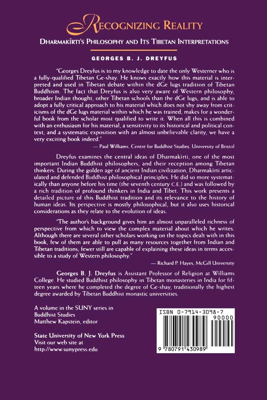 Rückseite: 9780791430989 | Recognizing Reality | Georges B. J. Dreyfus | Taschenbuch | Englisch