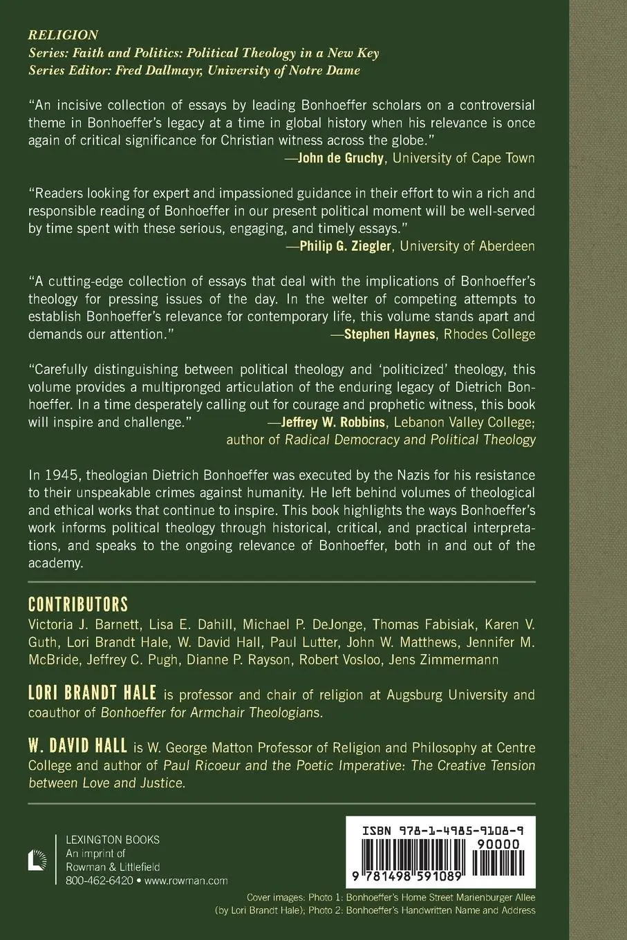 Rückseite: 9781498591089 | Dietrich Bonhoeffer, Theology, and Political Resistance | Hale (u. a.)
