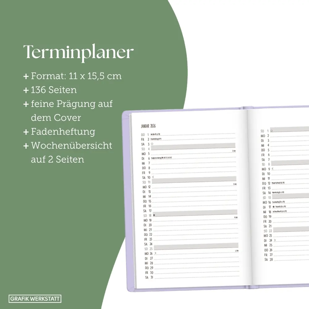 Bild: 9783986361389 | Terminplaner Lederlook 2026 Lavender | Terminplaner Lederlook A6