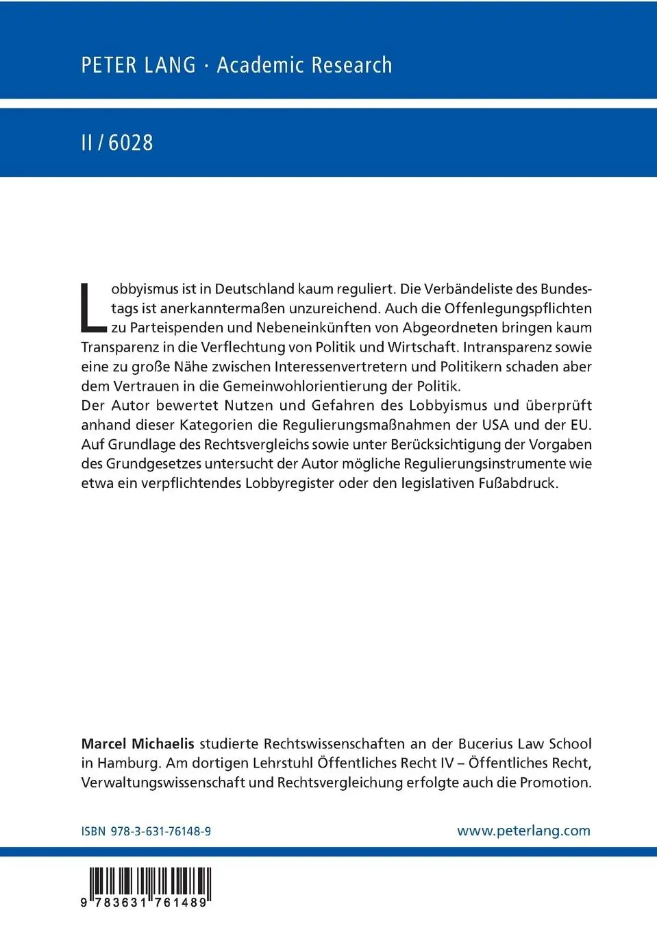 Rückseite: 9783631761489 | Regulierung des Lobbyismus | Marcel Michaelis | Taschenbuch | Deutsch