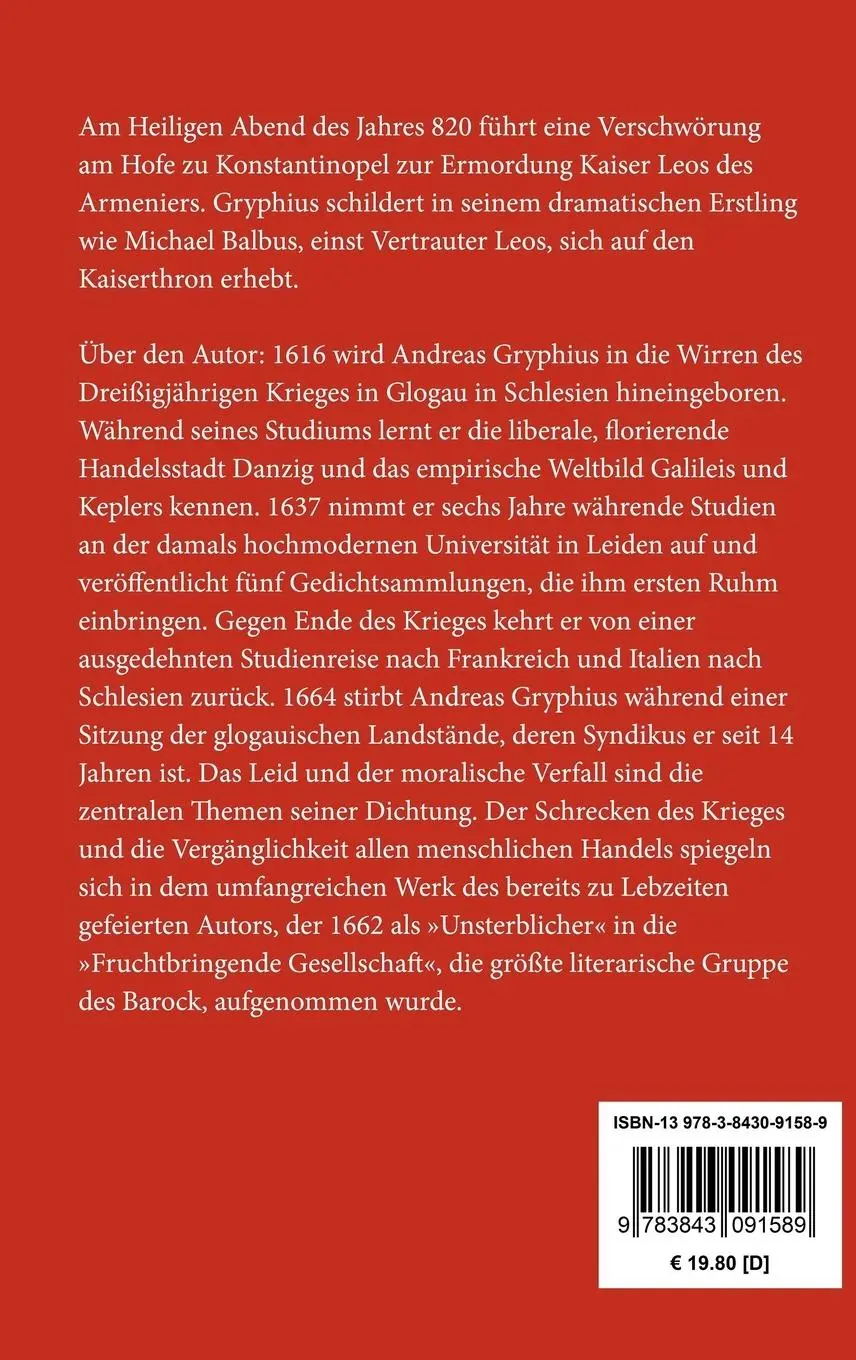 Rückseite: 9783843091589 | Leo Armenius | Andreas Gryphius | Buch | HC runder Rücken kaschiert