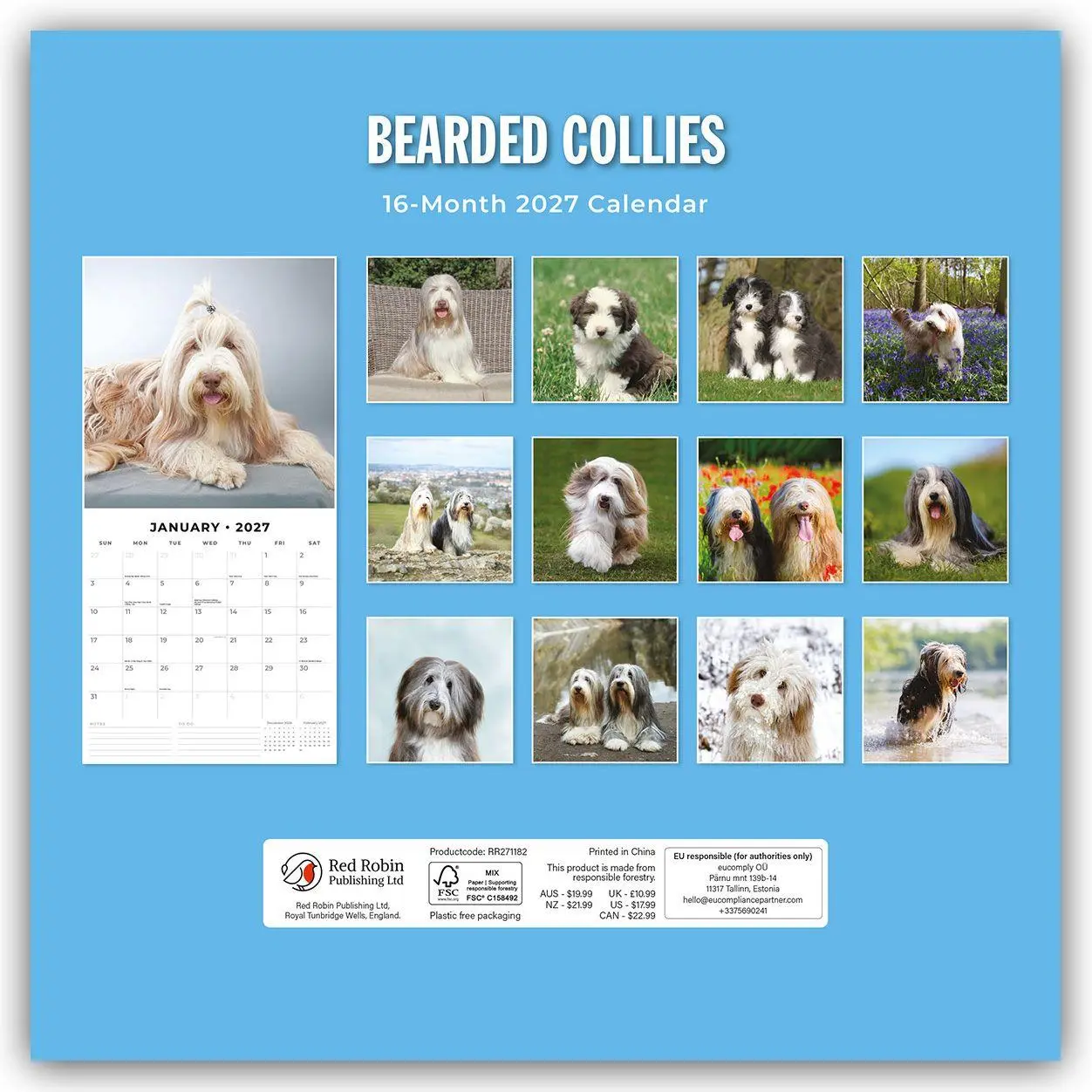Rückseite: 9781837011889 | Bearded Collies - Bearded Collie 2027 - 16-Monatskalender | Robin Red