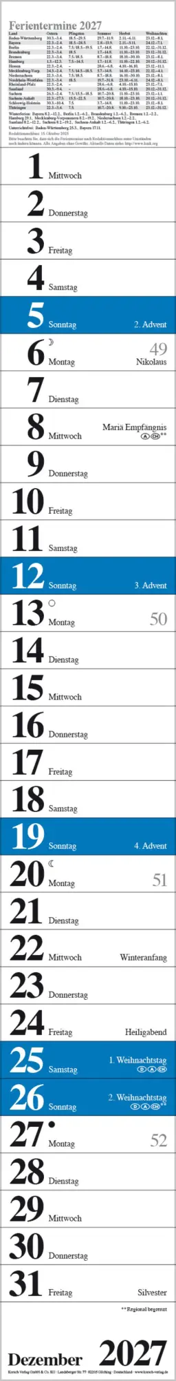 Bild: 9783819301889 | Streifenplaner Praktika Blau 2027 | Verlag Korsch | Kalender | 12 S.
