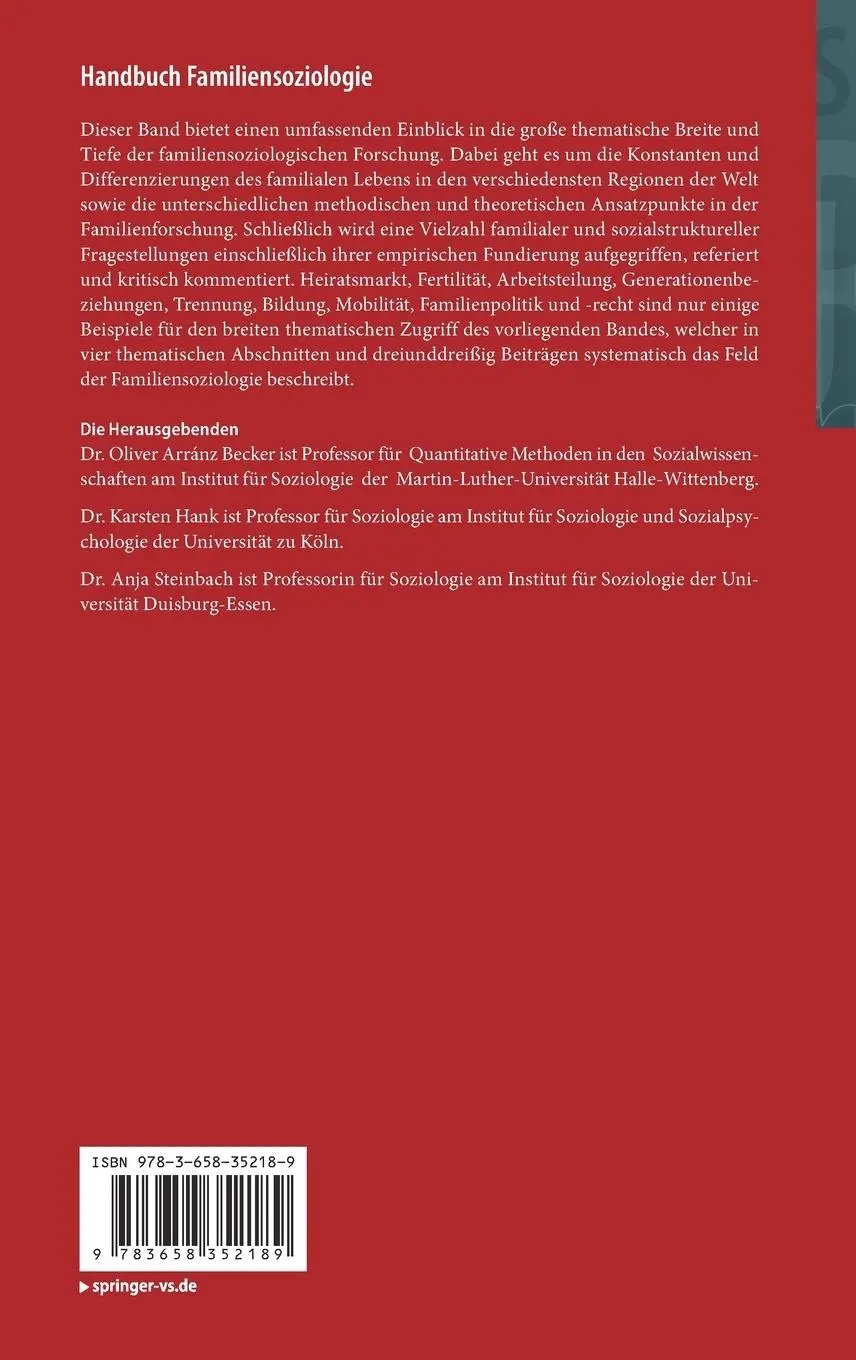 Rückseite: 9783658352189 | Handbuch Familiensoziologie | Oliver Arránz Becker (u. a.) | Buch | xi