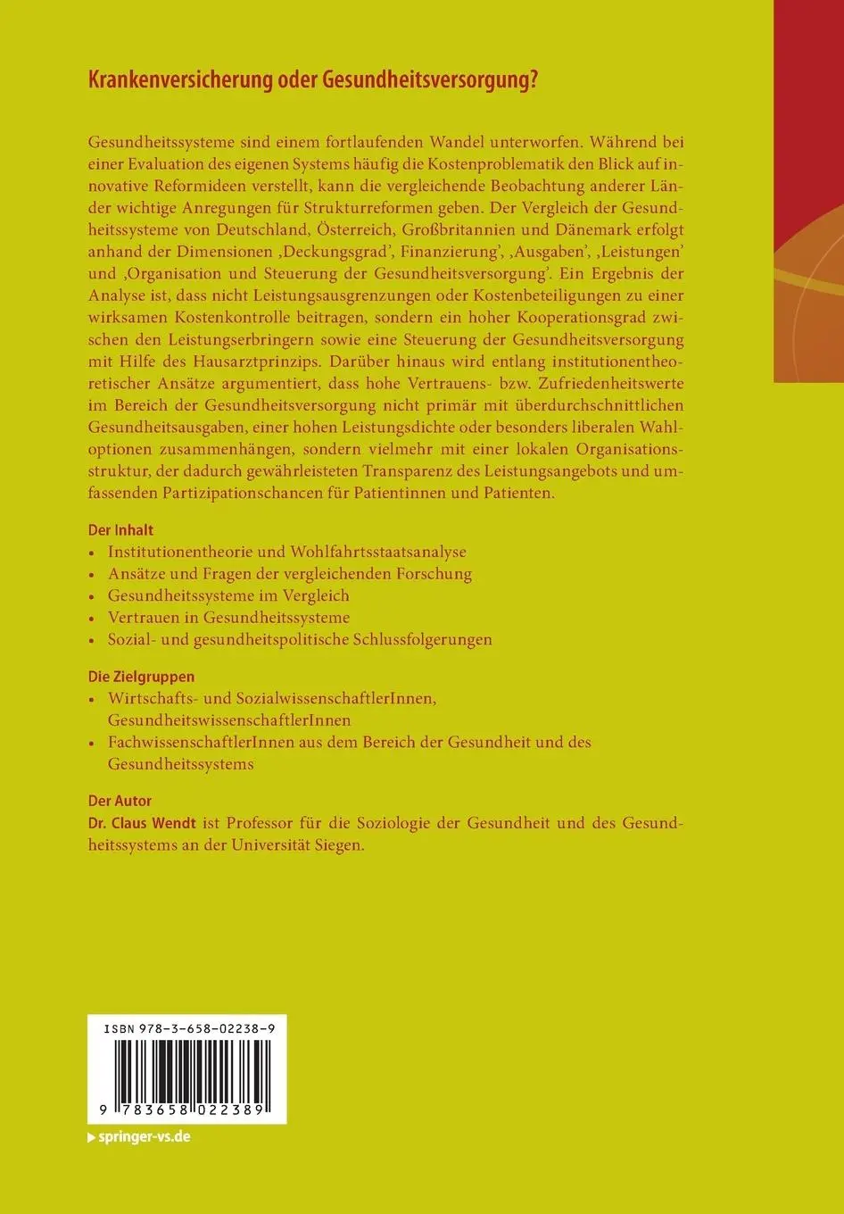 Rückseite: 9783658022389 | Krankenversicherung oder Gesundheitsversorgung? | Claus Wendt | Buch