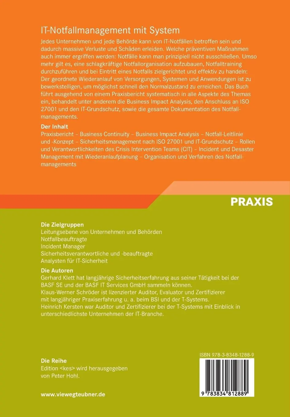 Rückseite: 9783834812889 | IT-Notfallmanagement mit System | Gerhard Klett (u. a.) | Taschenbuch