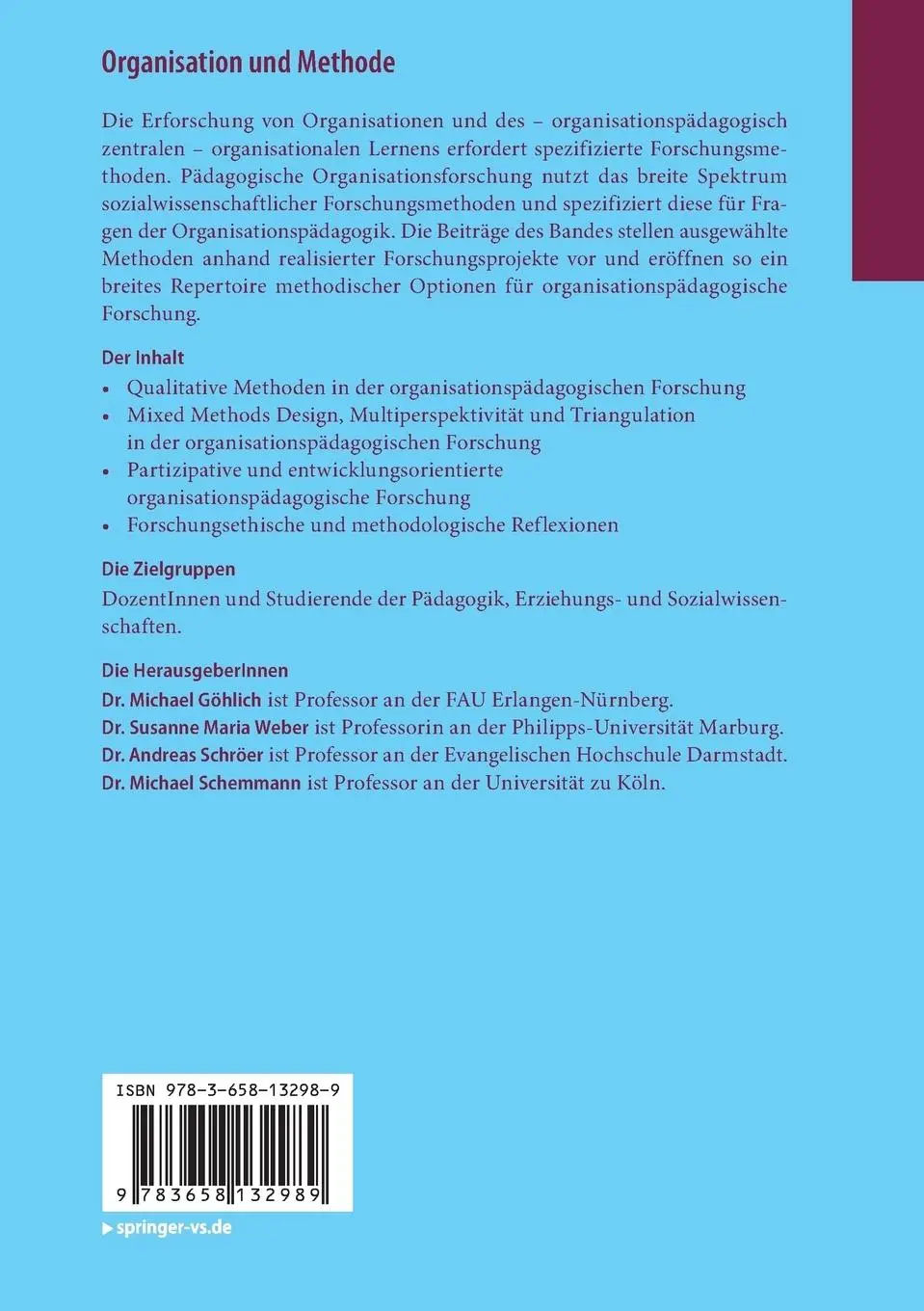 Rückseite: 9783658132989 | Organisation und Methode | Michael Göhlich (u. a.) | Taschenbuch
