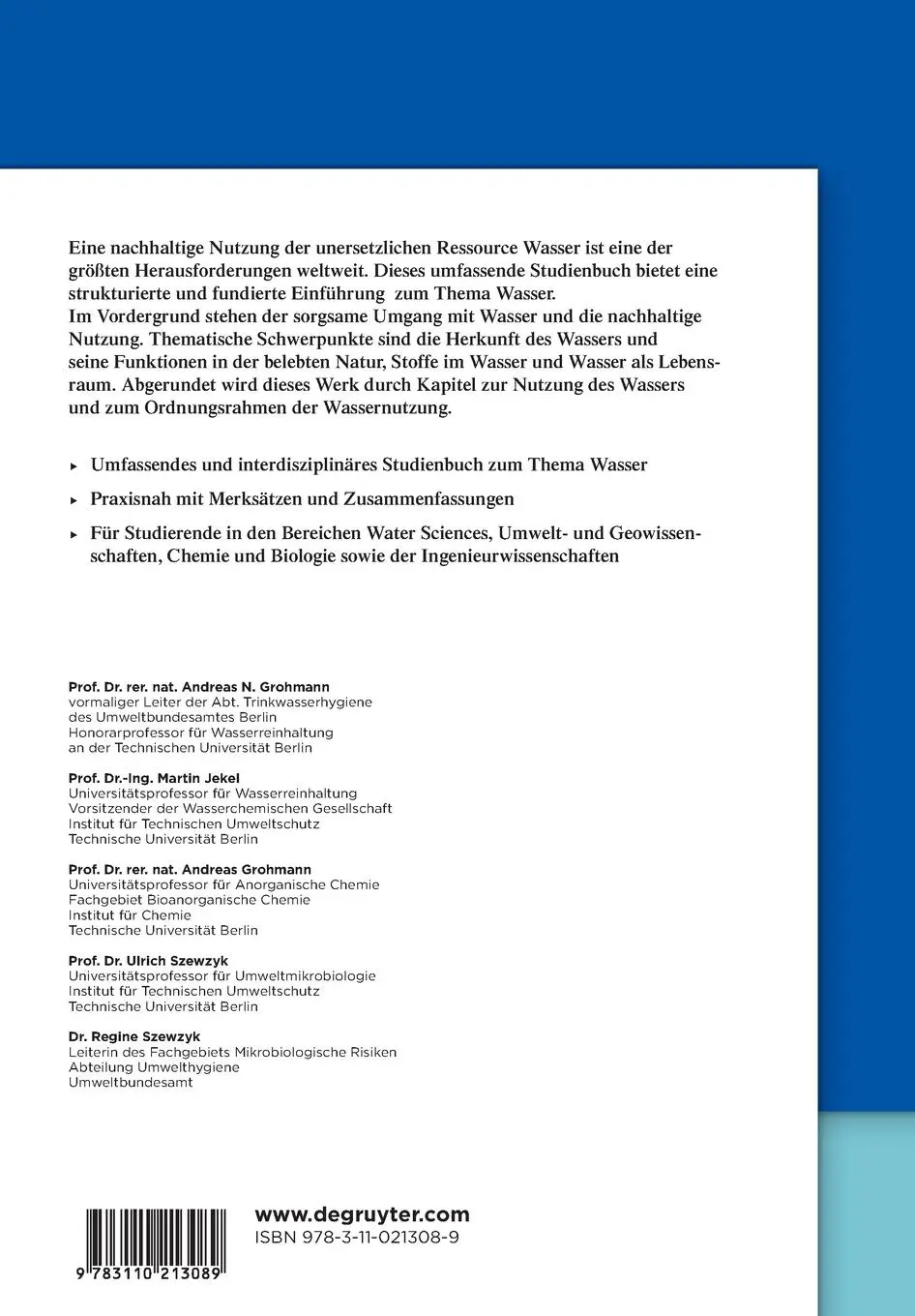 Rückseite: 9783110213089 | Wasser | Chemie, Mikrobiologie und nachhaltige Nutzung | Taschenbuch