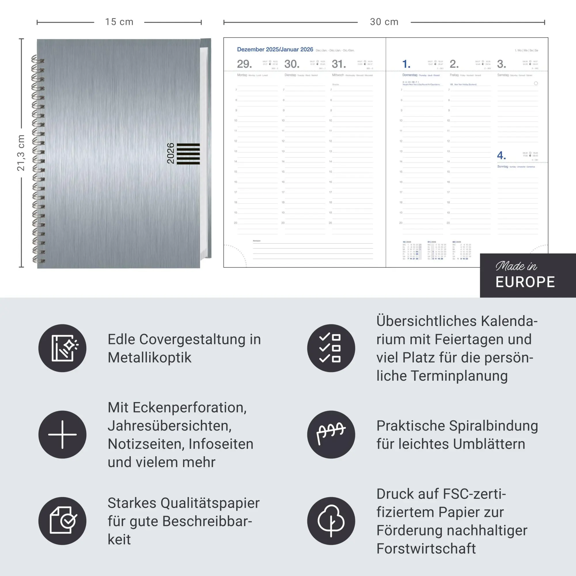 Bild: 9783756413089 | Wochen-Cheftimer A5, Alu silber 2026 | Heye | Taschenbuch | 132 S.
