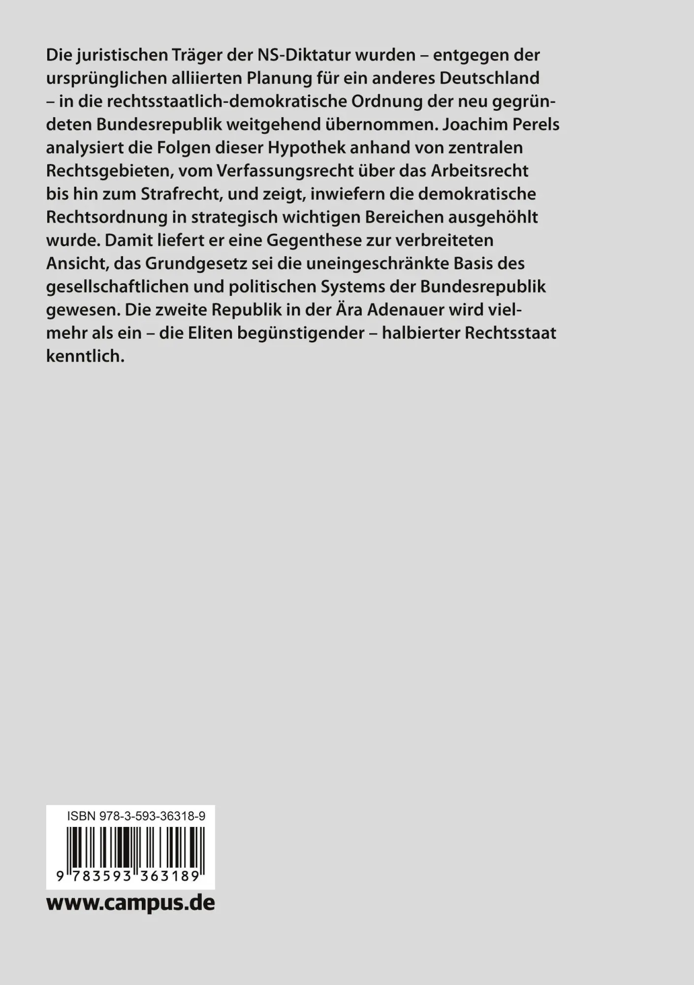 Rückseite: 9783593363189 | Das juristische Erbe des 'Dritten Reiches' | Joachim Perels | Buch