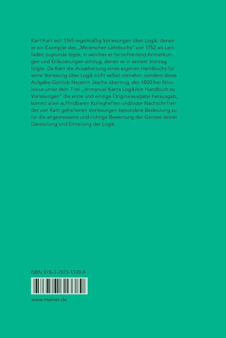 Rückseite: 9783787313389 | Logik-Vorlesung. Unveröffentlichte Nachschriften II | Immanuel Kant
