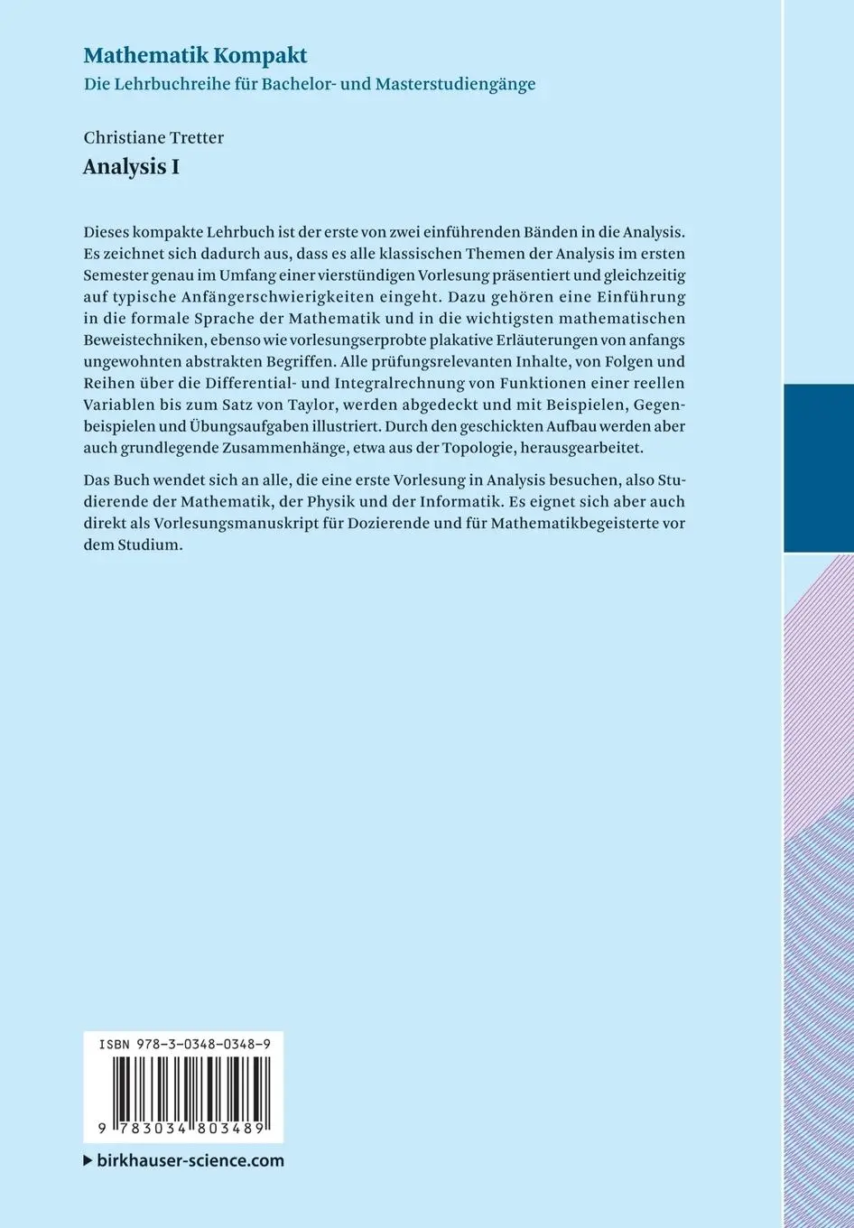 Rückseite: 9783034803489 | Analysis I | Christiane Tretter | Taschenbuch | viii | Deutsch | 2012
