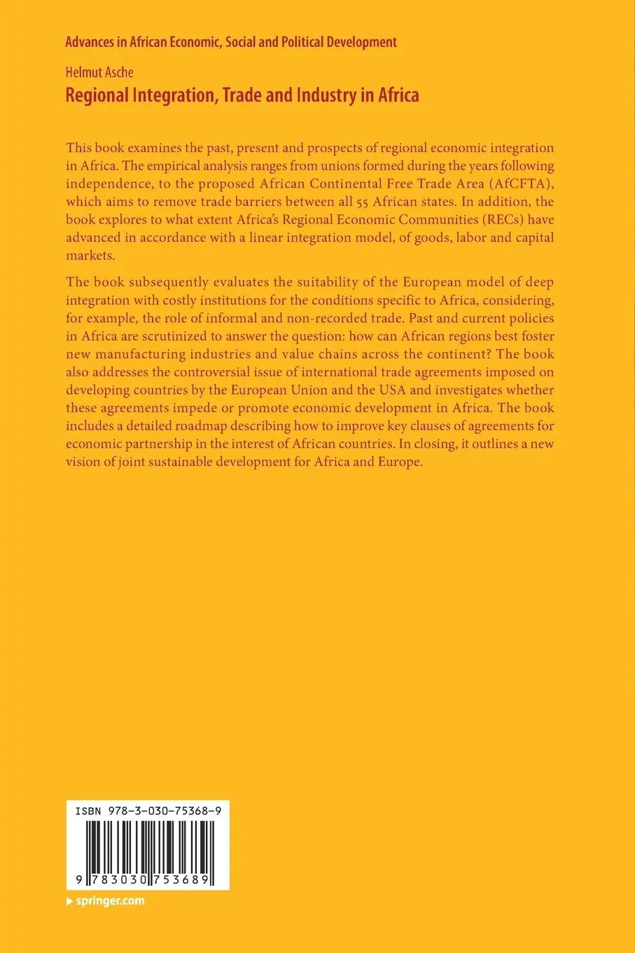 Rückseite: 9783030753689 | Regional Integration, Trade and Industry in Africa | Helmut Asche
