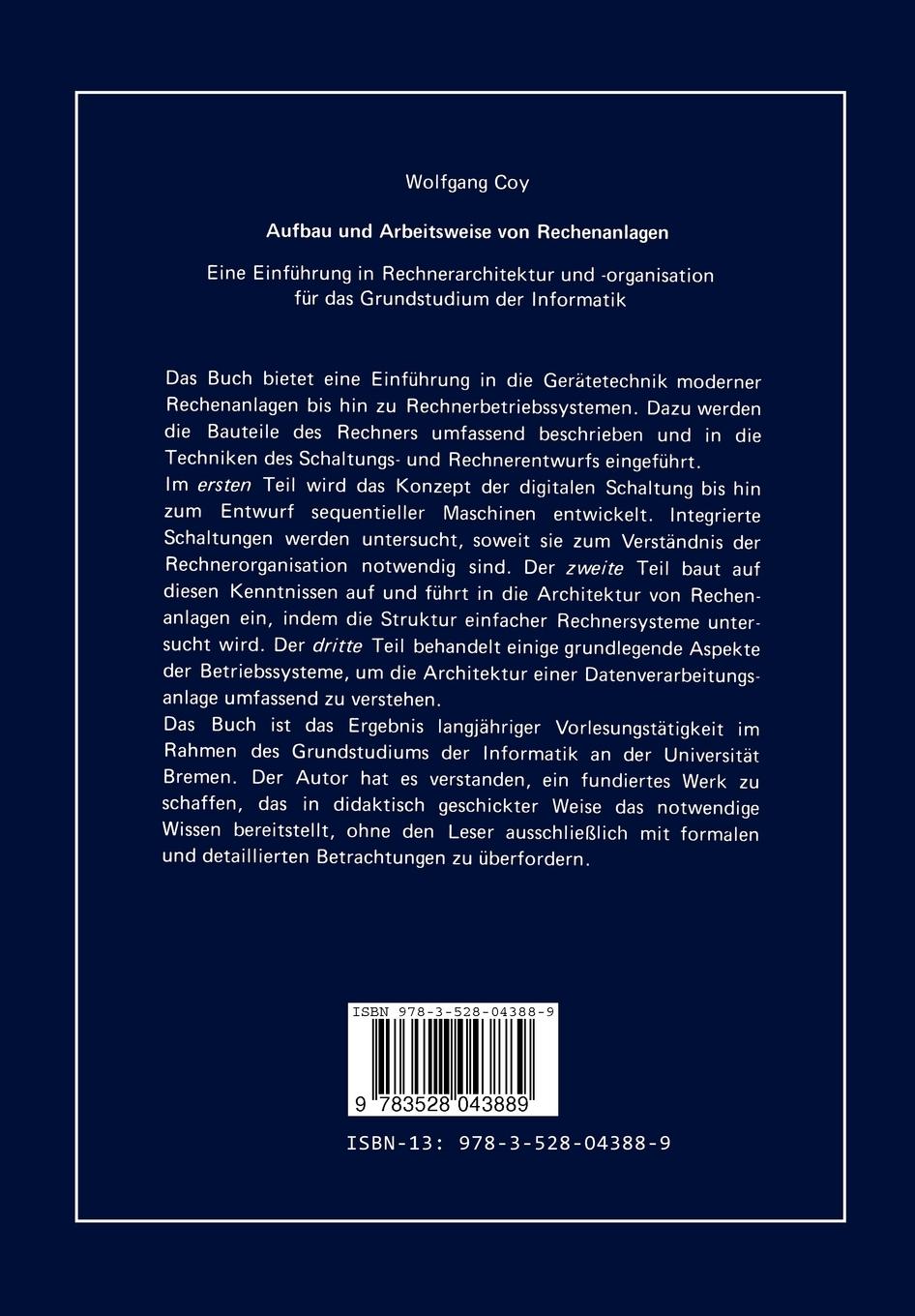 Rückseite: 9783528043889 | Aufbau und Arbeitsweise von Rechenanlagen | Wolfgang Coy | Taschenbuch