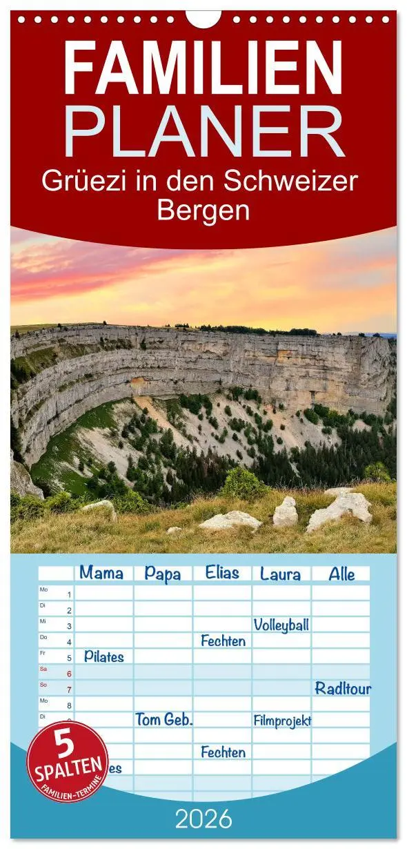 Cover: 9783516603989 | Familienplaner 2026 - Grüezi in den Schweizer Bergen mit 5 Spalten...