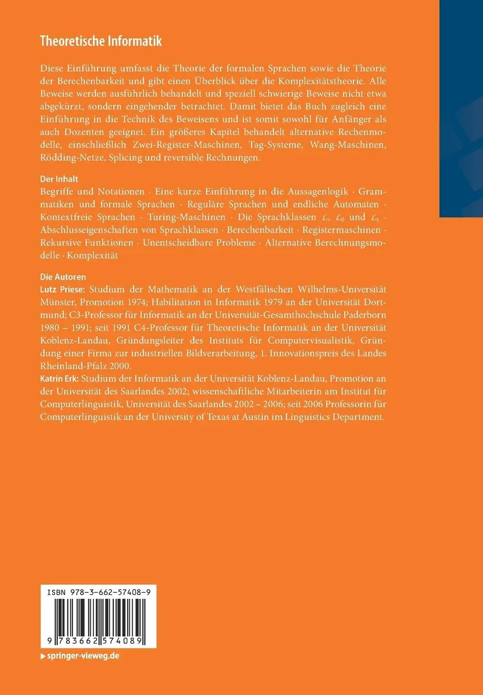 Rückseite: 9783662574089 | Theoretische Informatik | Eine umfassende Einführung | Erk (u. a.)
