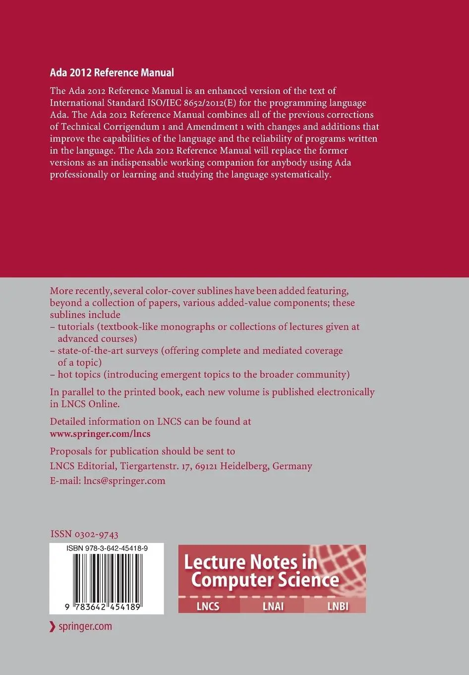 Rückseite: 9783642454189 | Ada 2012 Reference Manual. Language and Standard Libraries | Buch