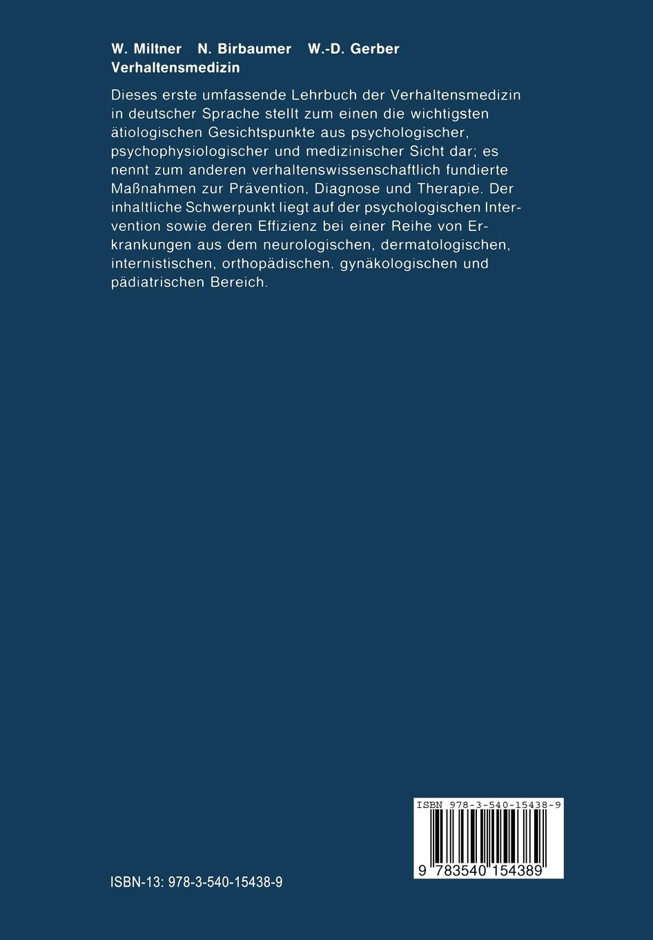 Rückseite: 9783540154389 | Verhaltensmedizin | Wolfgang Miltner (u. a.) | Taschenbuch | xviii