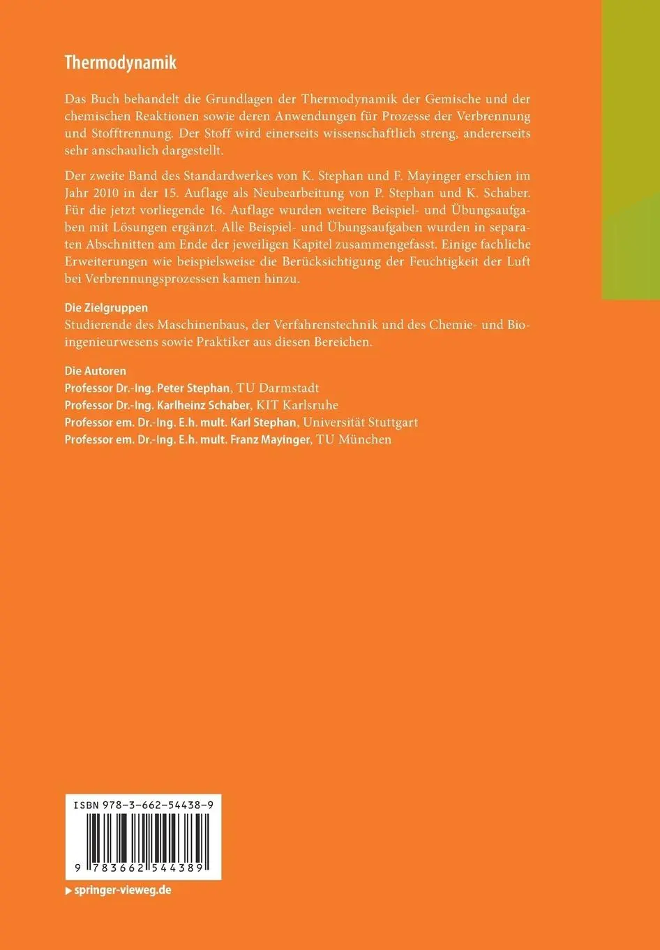 Rückseite: 9783662544389 | Thermodynamik | Peter Stephan (u. a.) | Taschenbuch | xvii | Deutsch