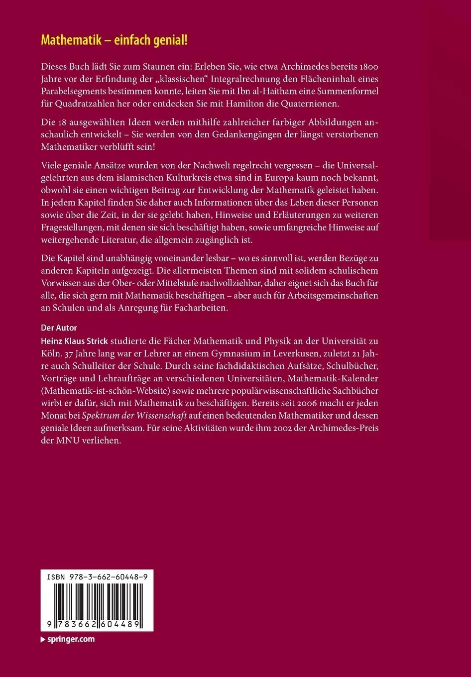 Rückseite: 9783662604489 | Mathematik - einfach genial! | Heinz Klaus Strick | Taschenbuch | XIII