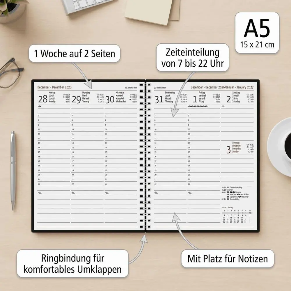 Bild: 4069095014589 | Wochenplaner Balacron schwarz A5 Ringbuch 2027 | Kalender | 128 S.