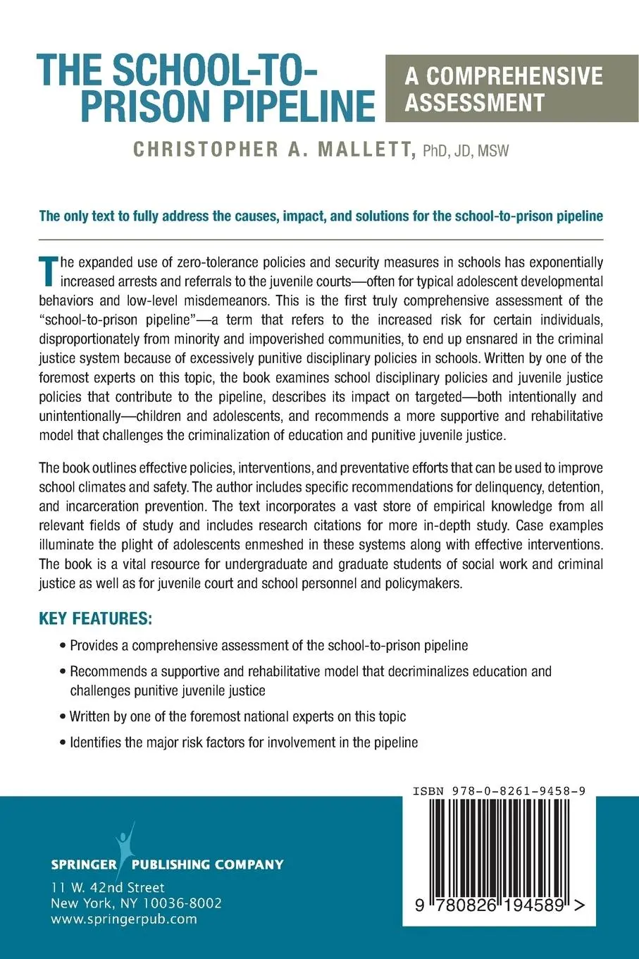 Rückseite: 9780826194589 | The School-To-Prison Pipeline | A Comprehensive Assessment | Mallett