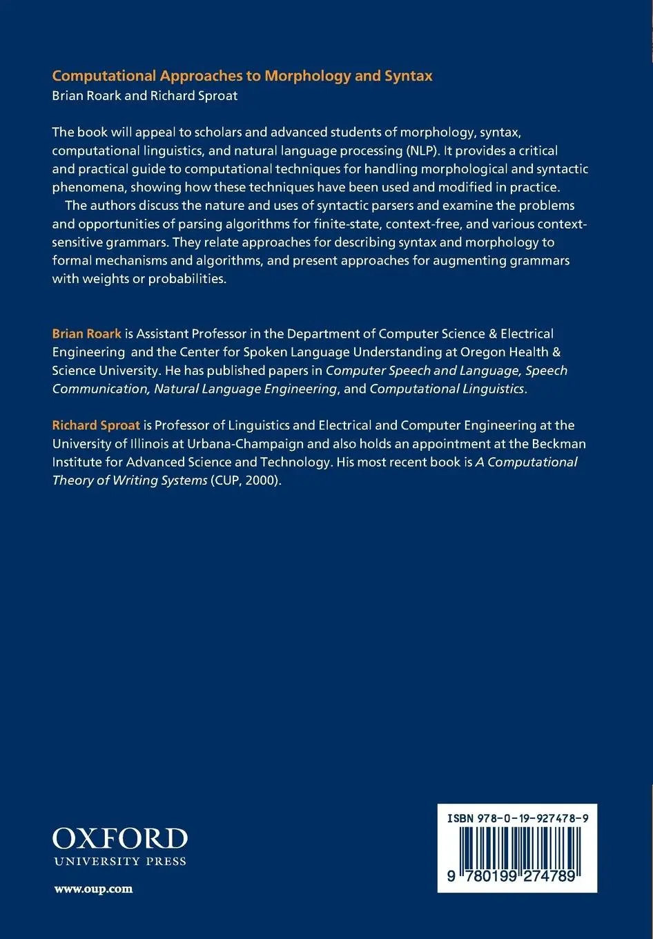 Rückseite: 9780199274789 | Computational Approaches to Morphology and Syntax | Roark (u. a.)