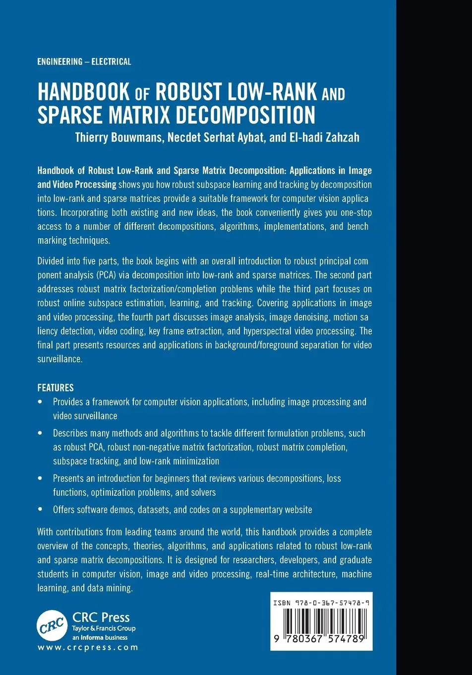 Rückseite: 9780367574789 | Handbook of Robust Low-Rank and Sparse Matrix Decomposition | Buch