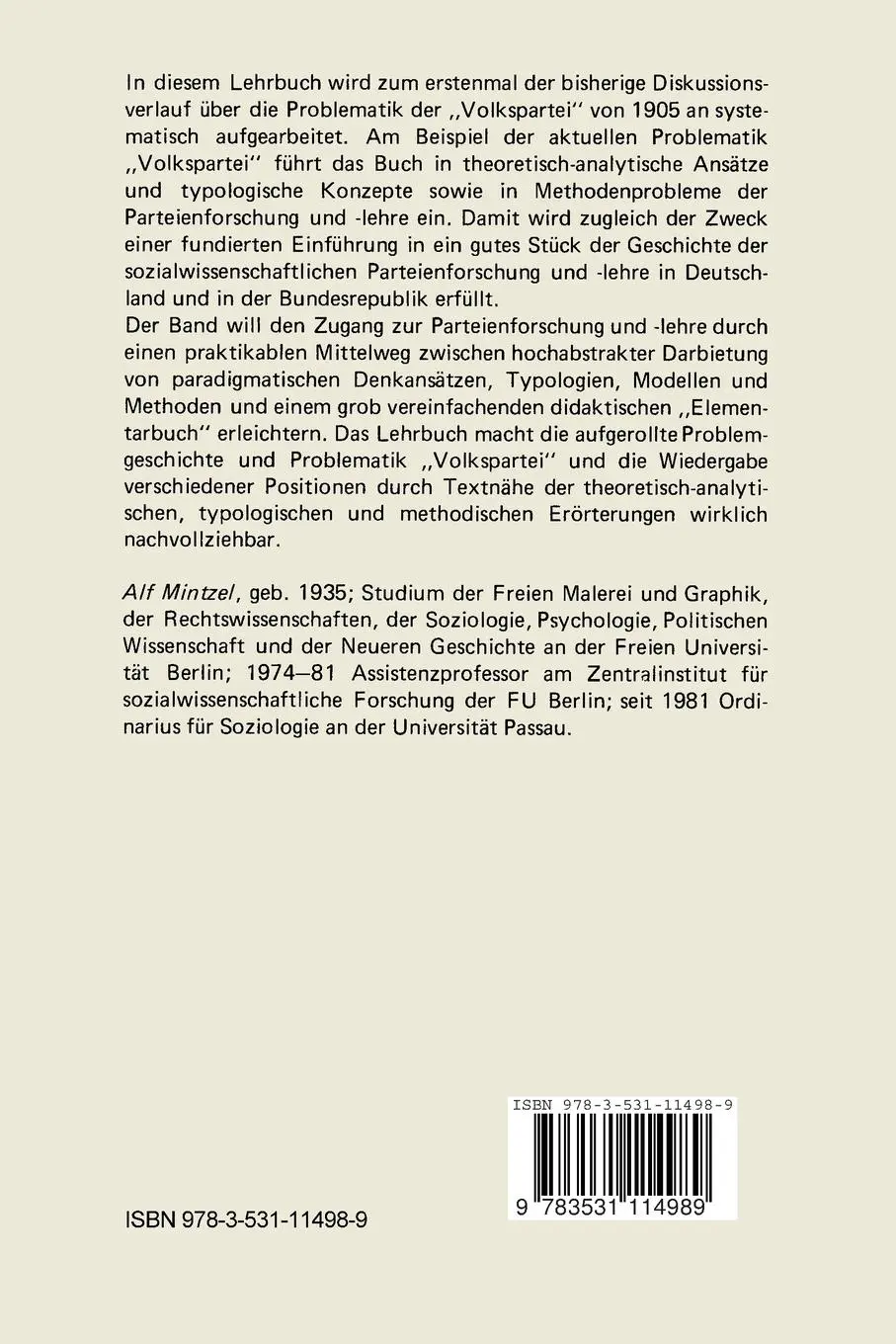 Rückseite: 9783531114989 | Die Volkspartei | Typus und Wirklichkeit. Ein Lehrbuch | Alf Mintzel