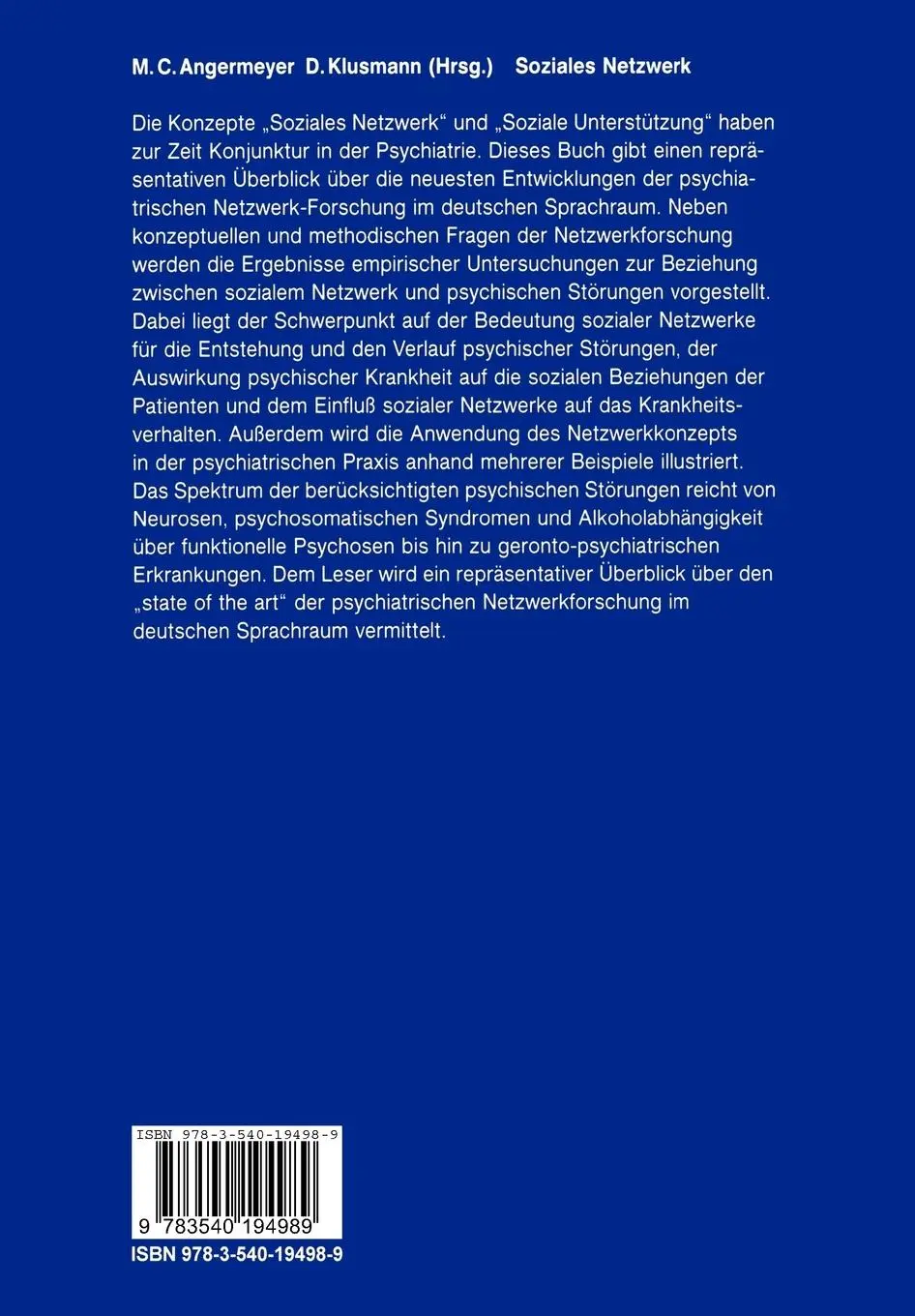Rückseite: 9783540194989 | Soziales Netzwerk | Ein neues Konzept für die Psychiatrie | Buch | x