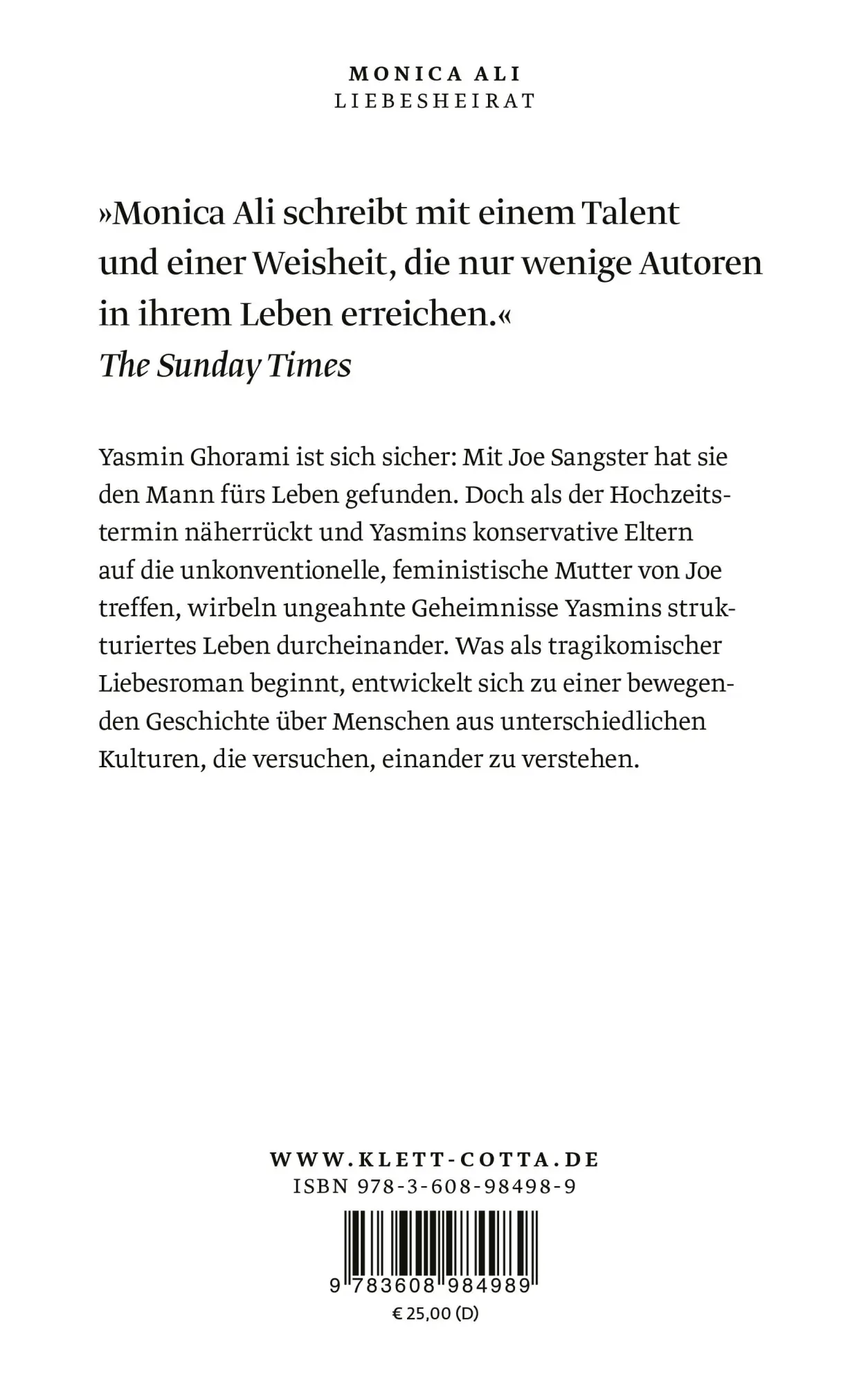 Rückseite: 9783608984989 | Liebesheirat | Roman | Monica Ali | Buch | 592 S. | Deutsch | 2022