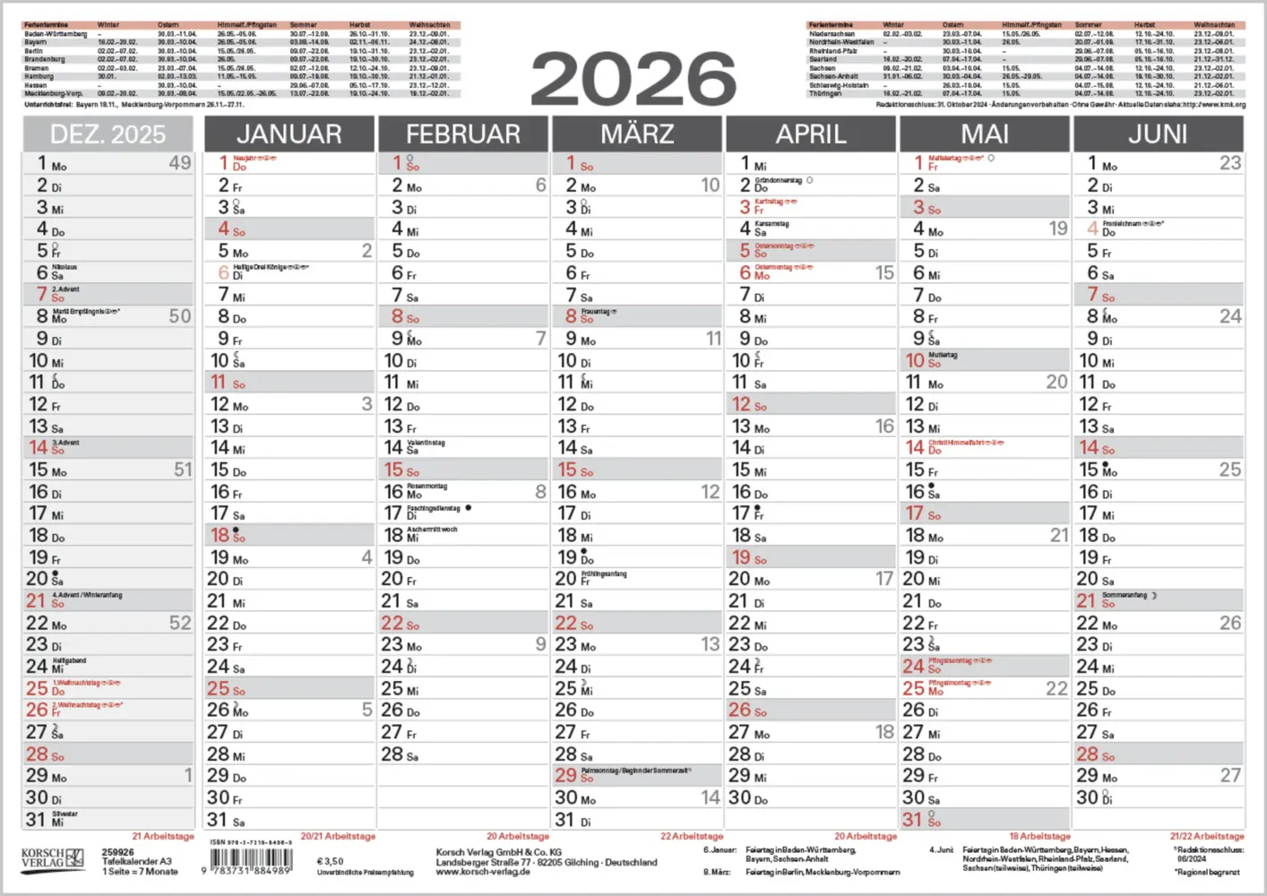 Cover: 9783731884989 | Tafelkalender A3 2026 | Korsch Verlag | Kalender | 1 S. | Deutsch
