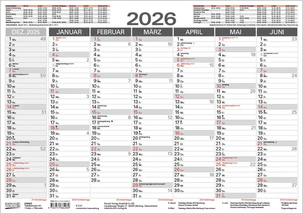 Bild: 9783731884989 | Tafelkalender A3 2026 | Korsch Verlag | Kalender | 1 S. | Deutsch