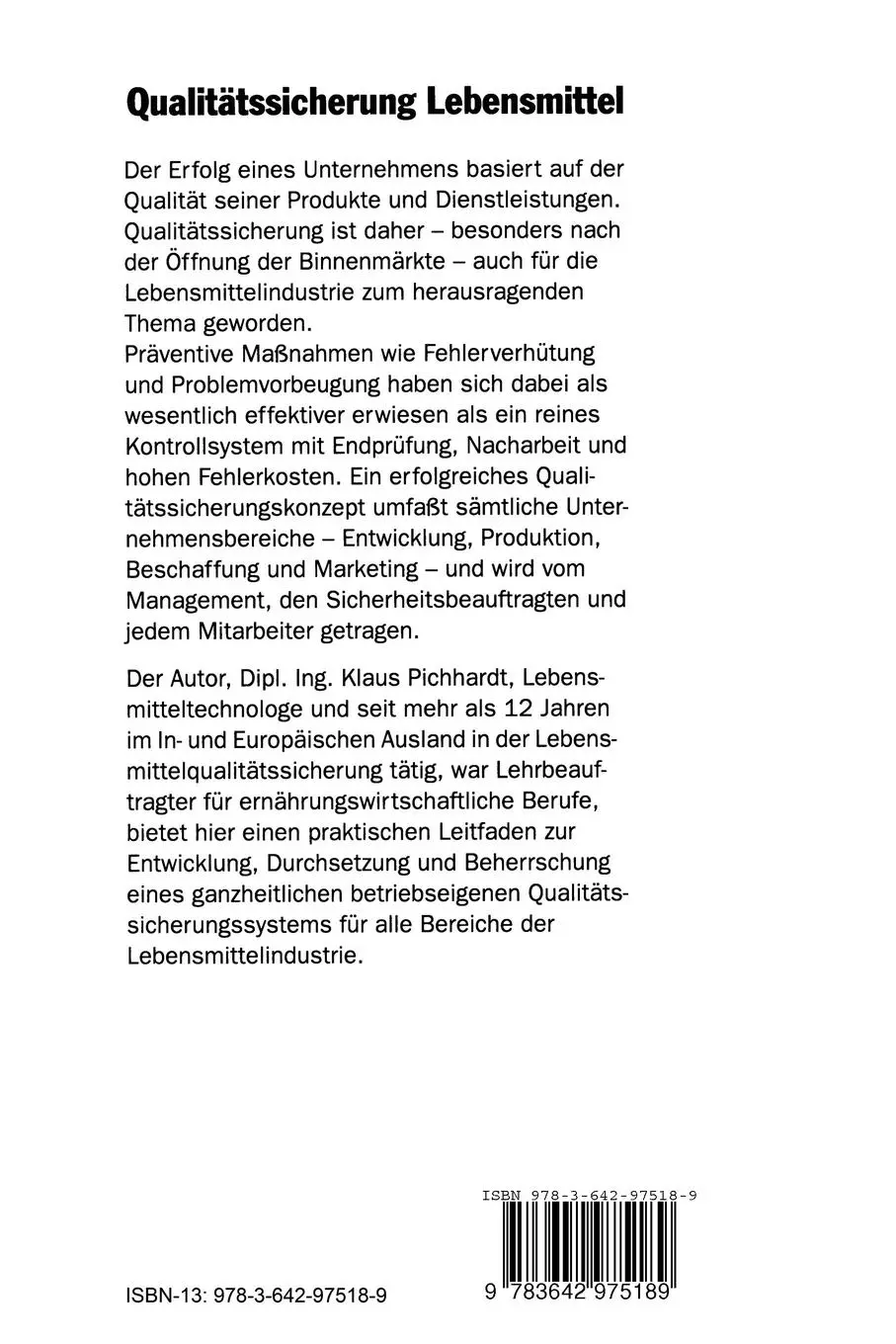 Rückseite: 9783642975189 | Qualitätssicherung Lebensmittel | Klaus Pichhardt | Taschenbuch | 2012