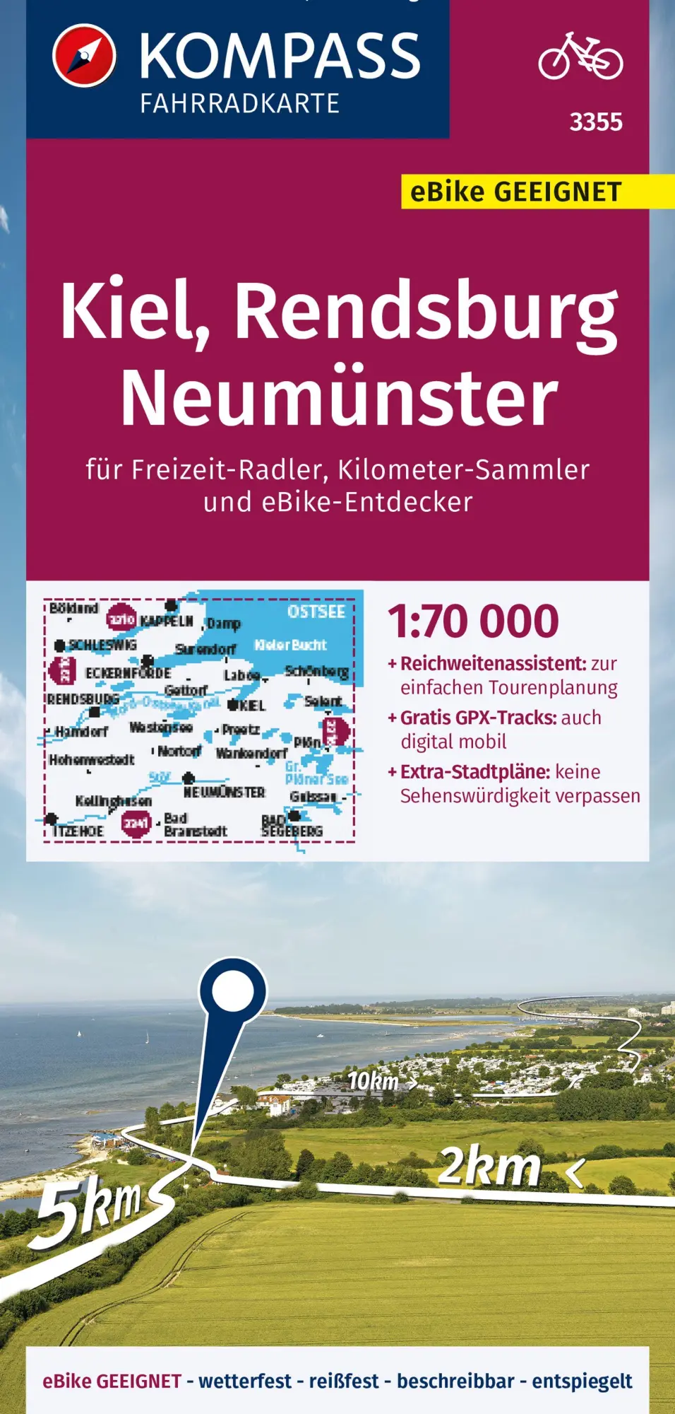 Cover: 9783991215189 | KOMPASS Fahrradkarte 3355 Kiel, Rendsburg, Neumünster 1:70.000 | 2 S.