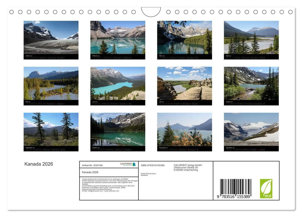 Bild: 9783516155389 | Kanada 2026 (Wandkalender 2026 DIN A4 quer), CALVENDO Monatskalender
