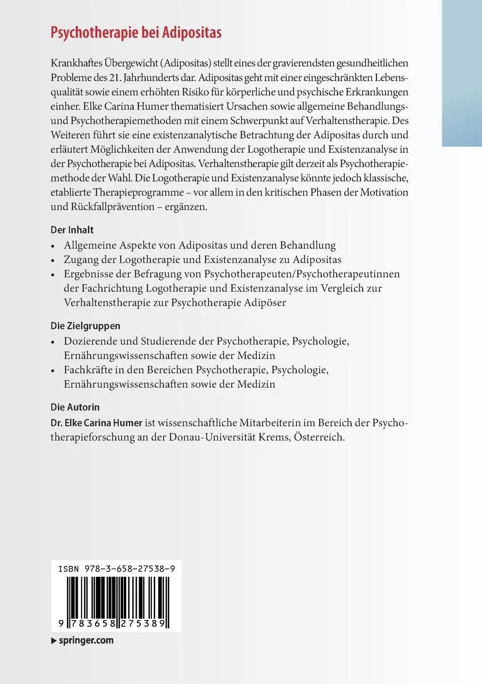 Rückseite: 9783658275389 | Psychotherapie bei Adipositas | Elke Carina Humer | Taschenbuch | xv