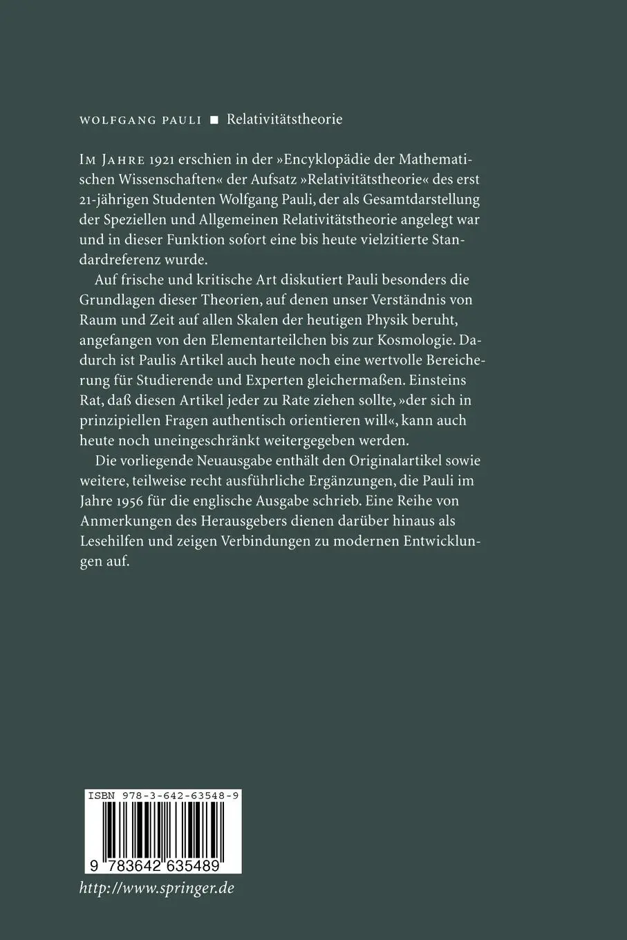 Rückseite: 9783642635489 | Relativitätstheorie | Wolfgang Pauli | Taschenbuch | xv | Deutsch