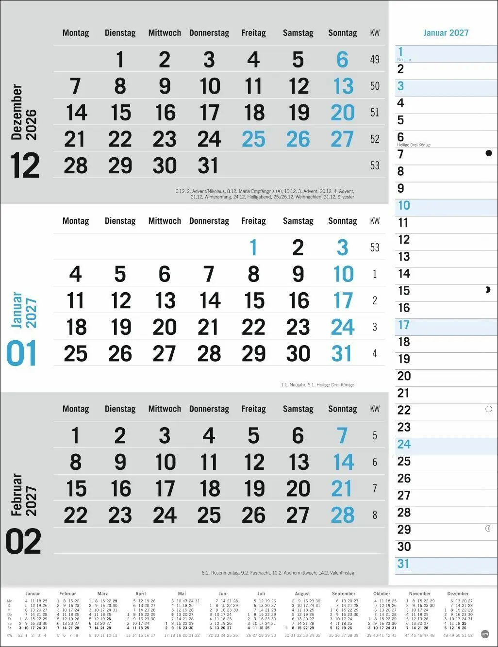 Cover: 9783756415489 | 3-Monats-Planer, blau 2027 | Heye | Kalender | Spiralbindung | 12 S.