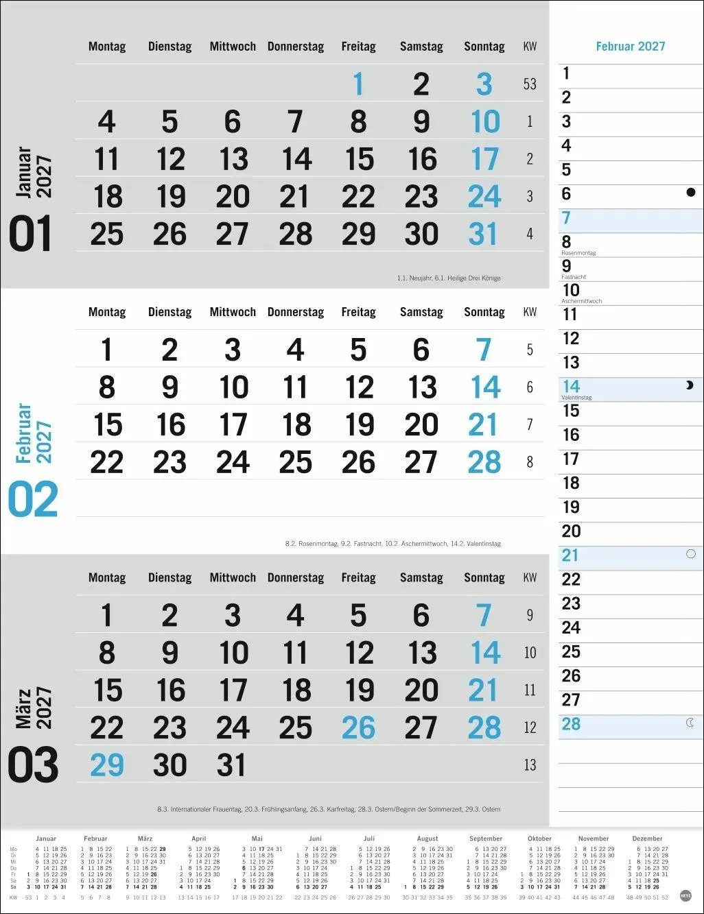 Bild: 9783756415489 | 3-Monats-Planer, blau 2027 | Heye | Kalender | Spiralbindung | 12 S.