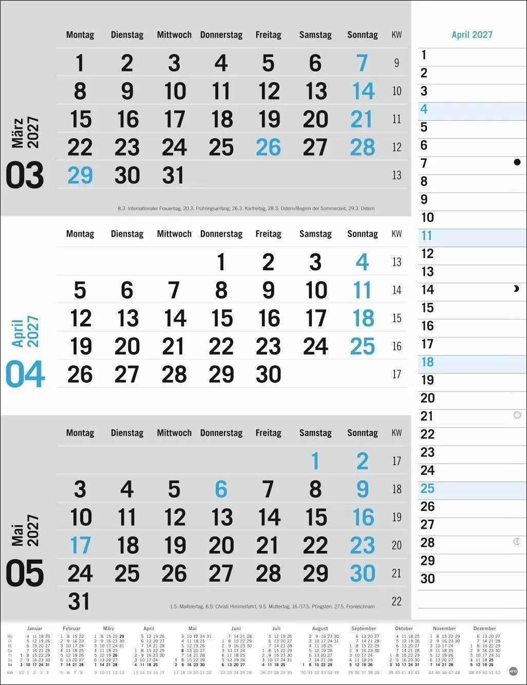 Bild: 9783756415489 | 3-Monats-Planer, blau 2027 | Heye | Kalender | Spiralbindung | 12 S.