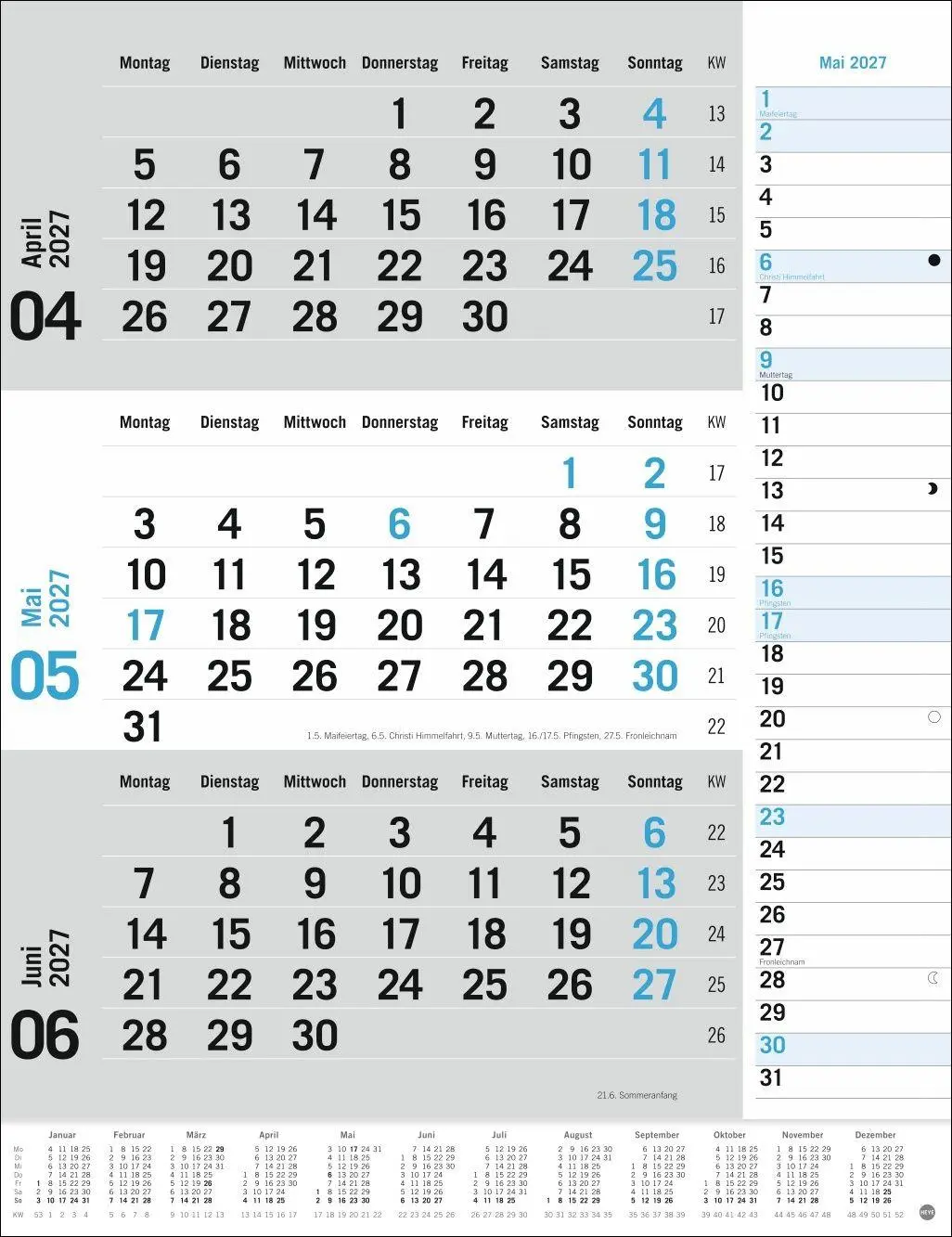 Bild: 9783756415489 | 3-Monats-Planer, blau 2027 | Heye | Kalender | Spiralbindung | 12 S.