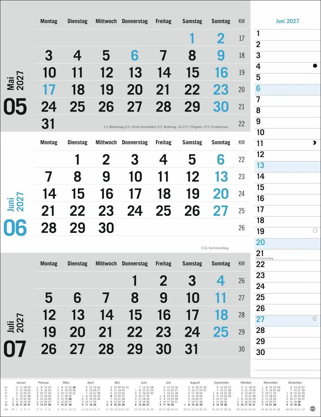 Bild: 9783756415489 | 3-Monats-Planer, blau 2027 | Heye | Kalender | Spiralbindung | 12 S.
