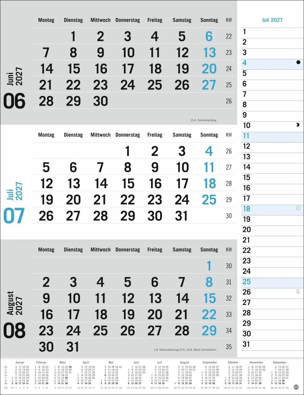 Bild: 9783756415489 | 3-Monats-Planer, blau 2027 | Heye | Kalender | Spiralbindung | 12 S.