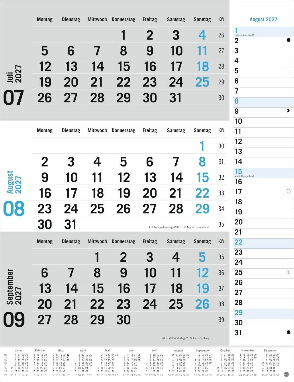 Bild: 9783756415489 | 3-Monats-Planer, blau 2027 | Heye | Kalender | Spiralbindung | 12 S.