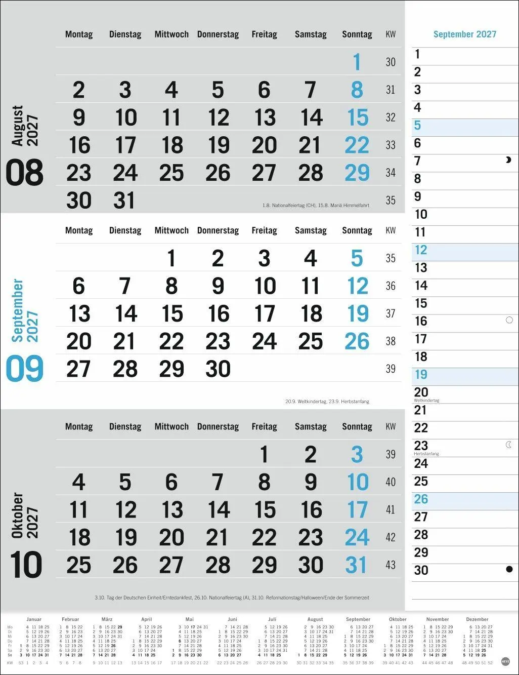 Bild: 9783756415489 | 3-Monats-Planer, blau 2027 | Heye | Kalender | Spiralbindung | 12 S.