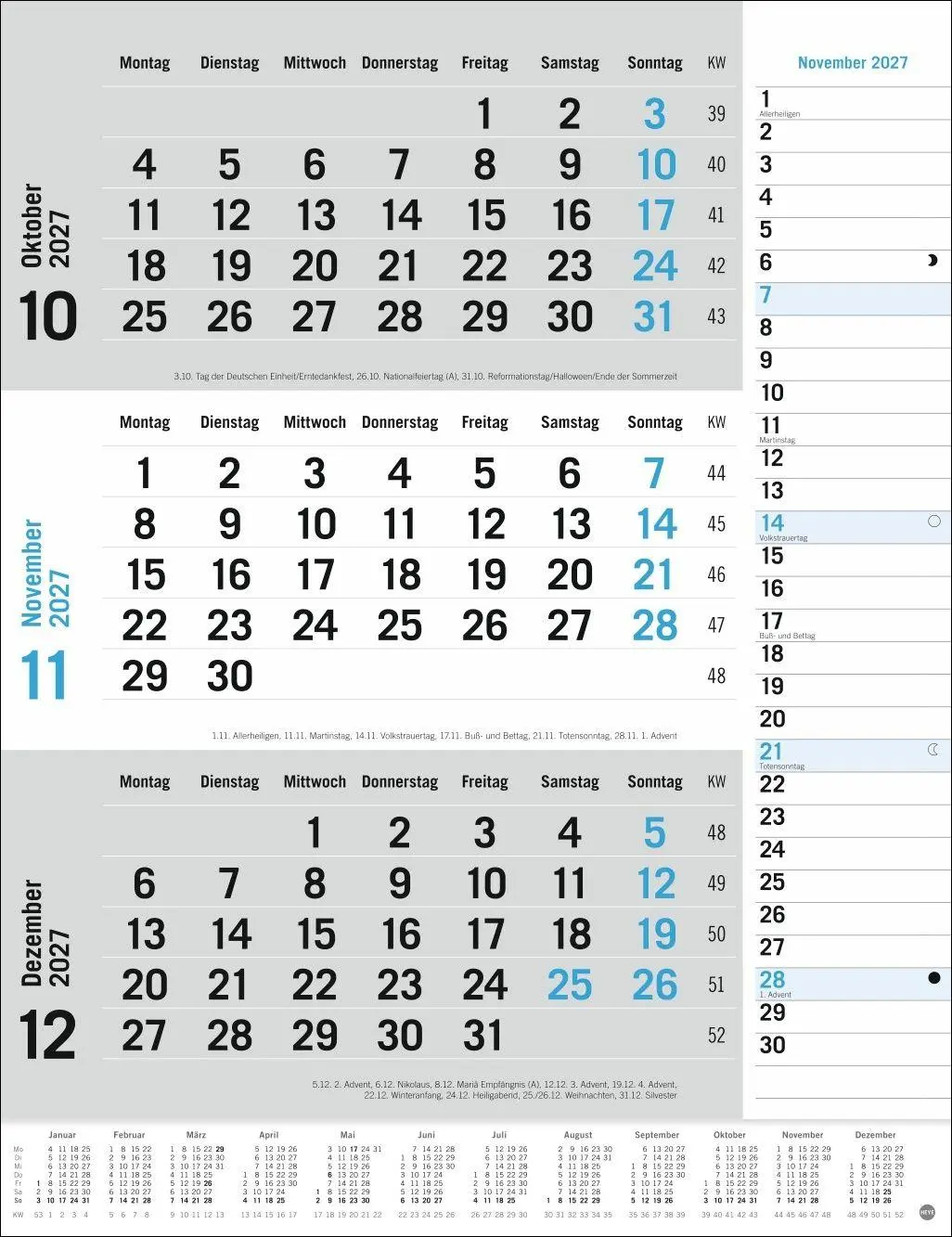 Bild: 9783756415489 | 3-Monats-Planer, blau 2027 | Heye | Kalender | Spiralbindung | 12 S.