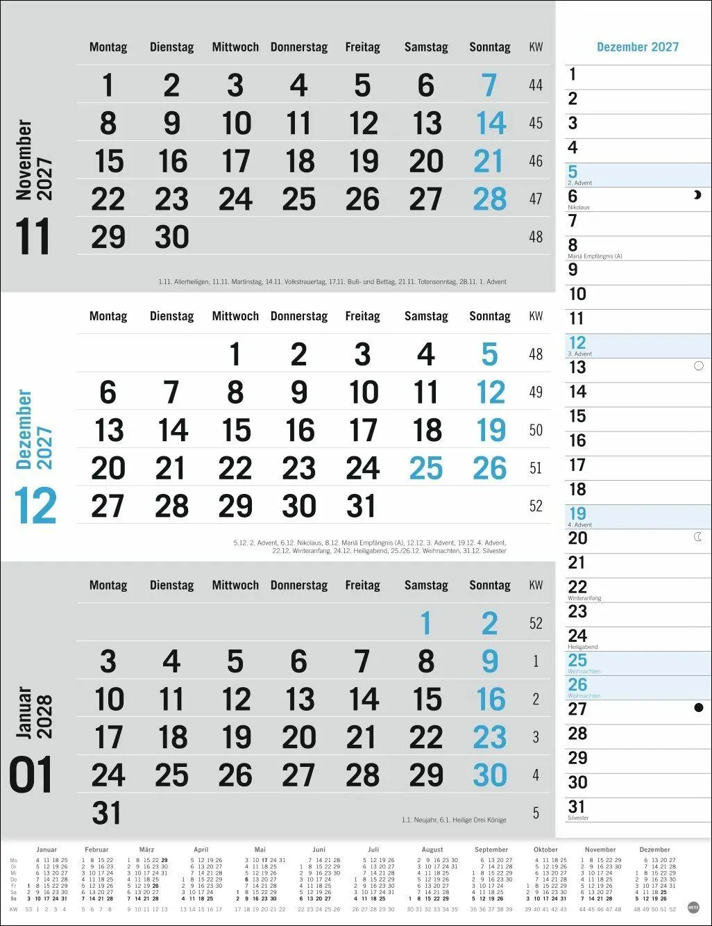 Bild: 9783756415489 | 3-Monats-Planer, blau 2027 | Heye | Kalender | Spiralbindung | 12 S.
