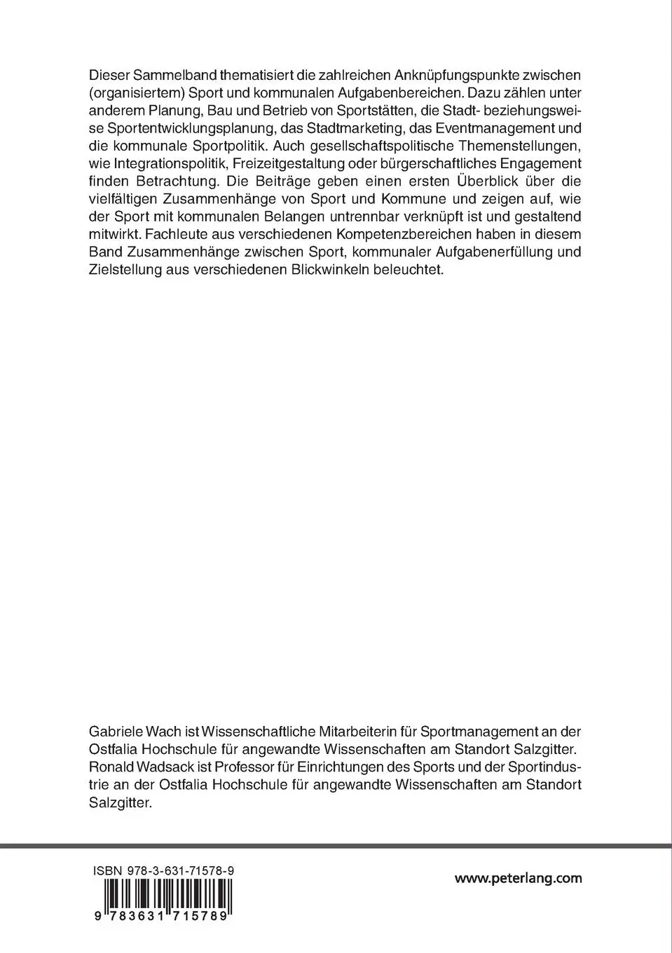 Rückseite: 9783631715789 | Sport in der Kommune als Managementaufgabe | Ronald Wadsack (u. a.)